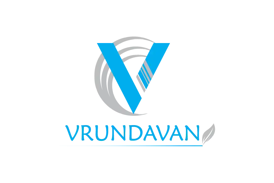 Vrundavan logo with blue V emblem and light grey curved background.