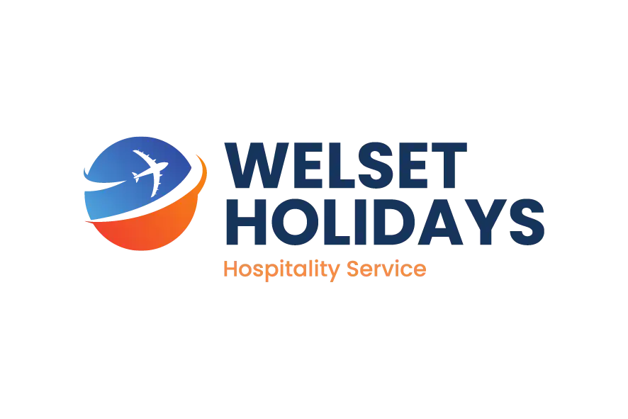Welset Holidays logo with globe and airplane graphic and hospitality service tagline