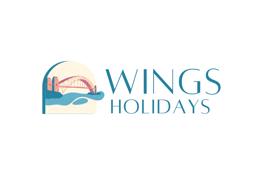 WINGS HOLIDAYS logo with bridge illustration and blue text