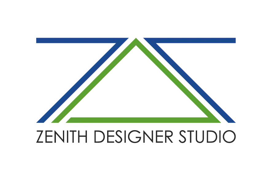 Zenith Designer Studio logo with blue and green roofline graphic