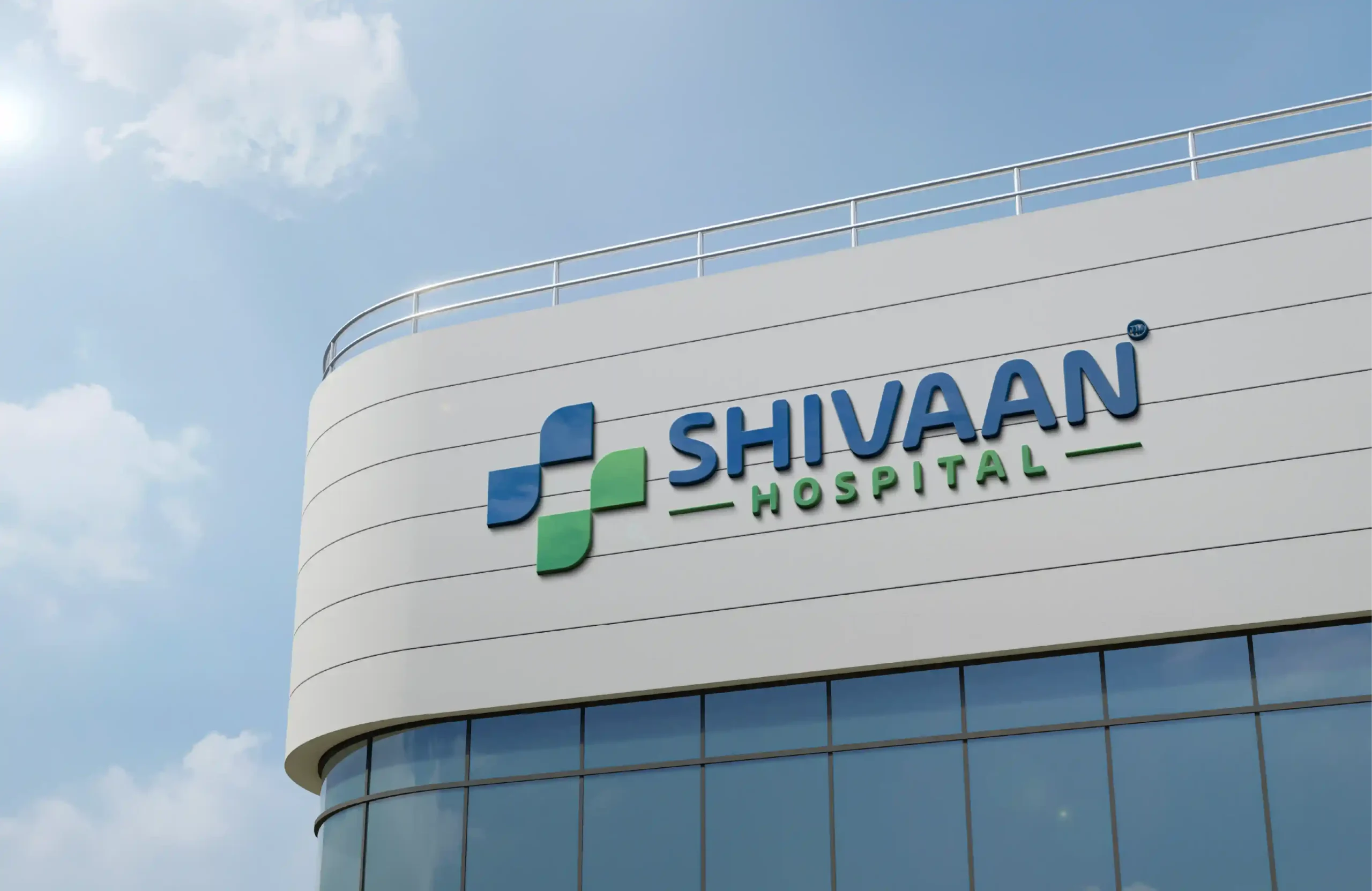 Shivaan Hospital logo displayed on the exterior facade of a modern hospital building.