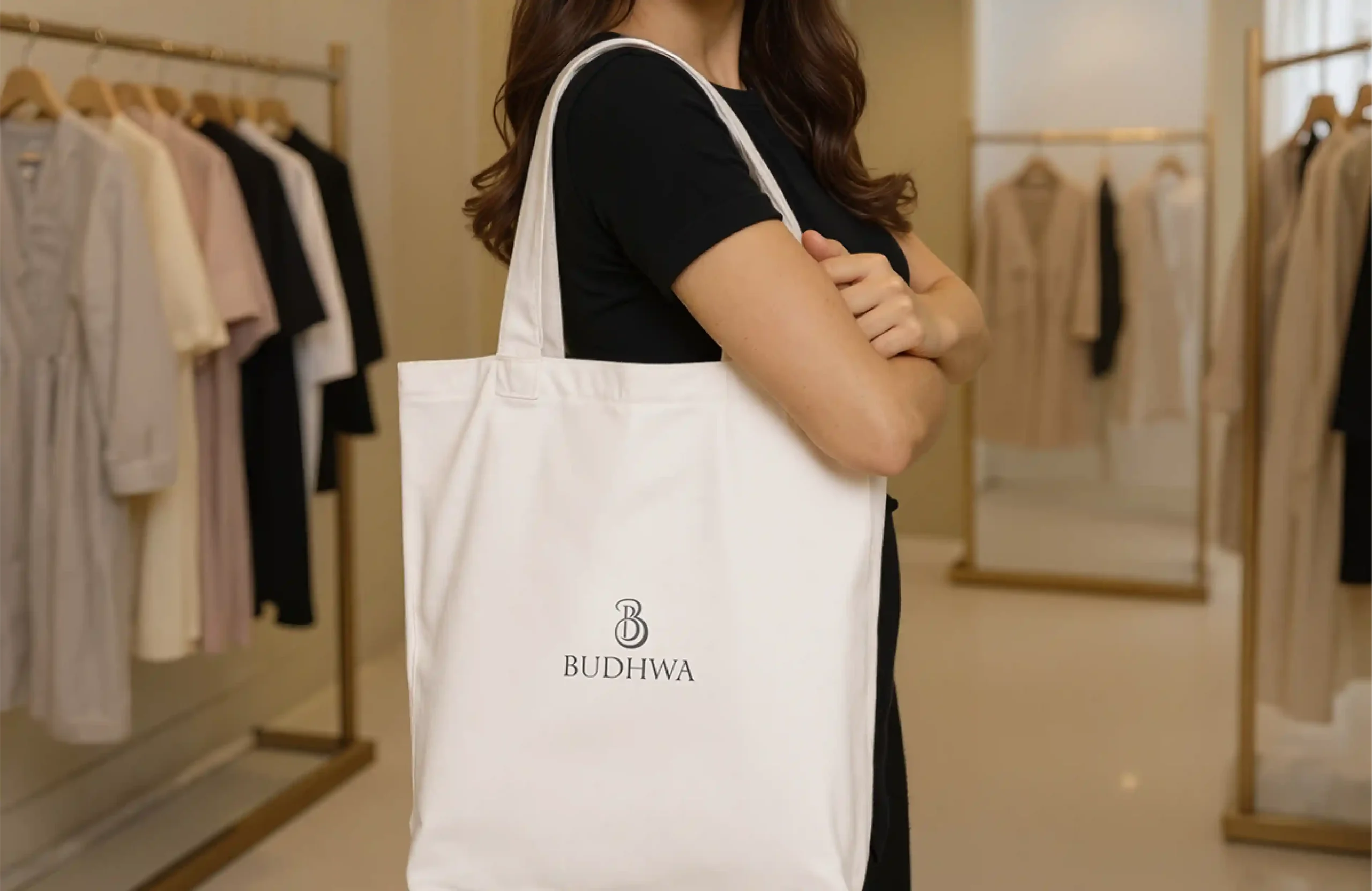 Woman carrying a white Budhwa branded tote bag inside a minimalist fashion boutique.