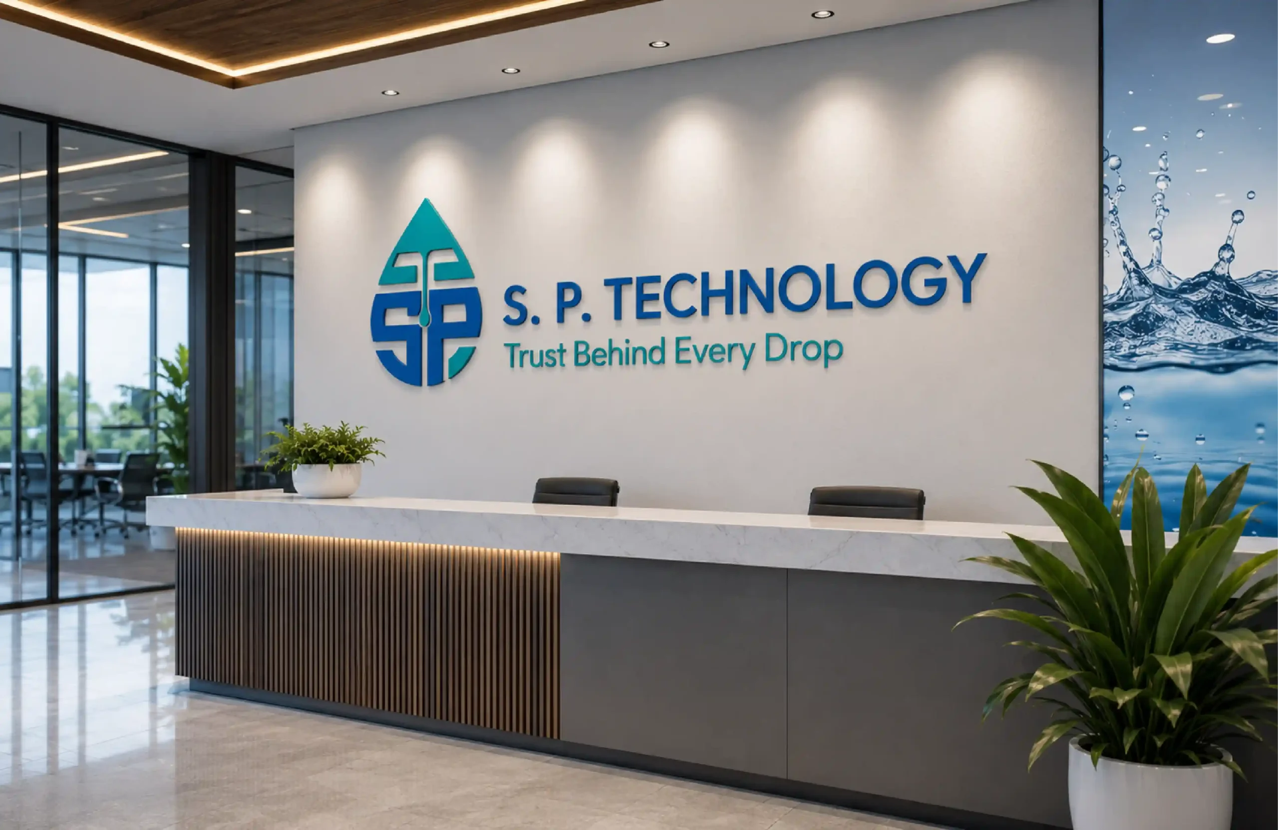 S. P. Technology logo displayed behind a modern reception desk in a water treatment company office.